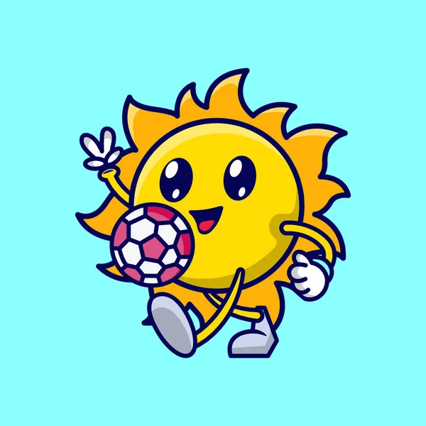 Cute Sun Cartoon Playing Soccer Stok Ilustrasi 