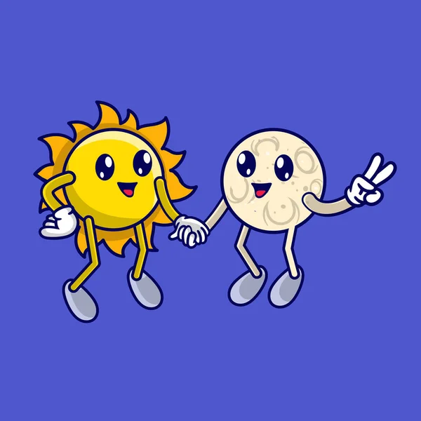 Cute Sun Cartoon Moon Cartoon Holding Hand Grafik Vektor