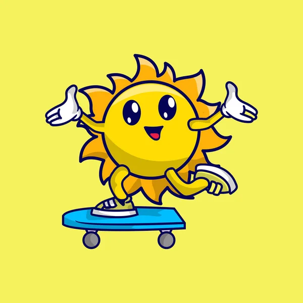 Cute Sun Cartoon Playing Skateboard Stok Vektor