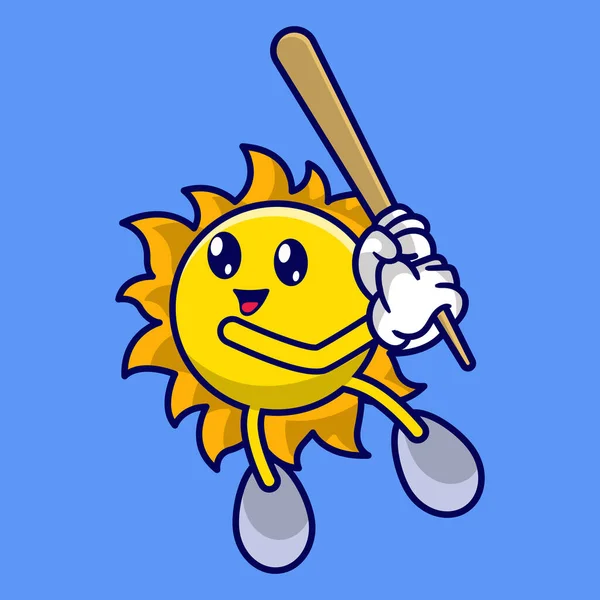 Cute Sun Cartoon Playing Baseball Stok Vektor Bebas Royalti