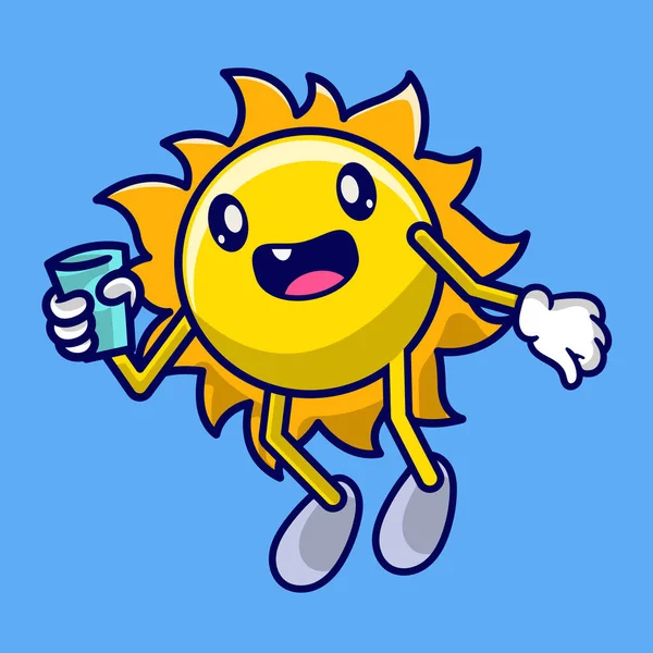 Cute Sun Cartoon Holding Cup Water Stok Vektor Bebas Royalti