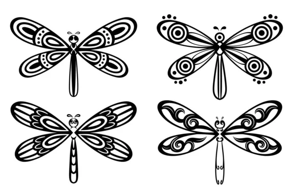 Sammlung Von Silhouetten Libellen Für Tätowierung Design Der Illustration — Stockvektor