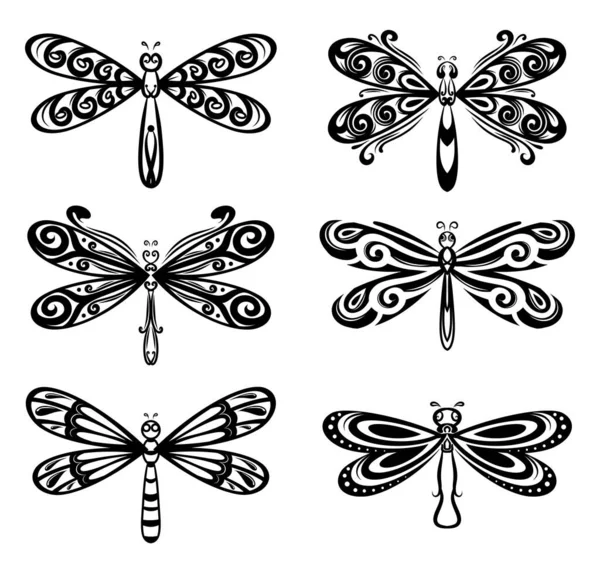 收集的人物形象蜻蜓优雅的纹身设计图例 — 图库矢量图片