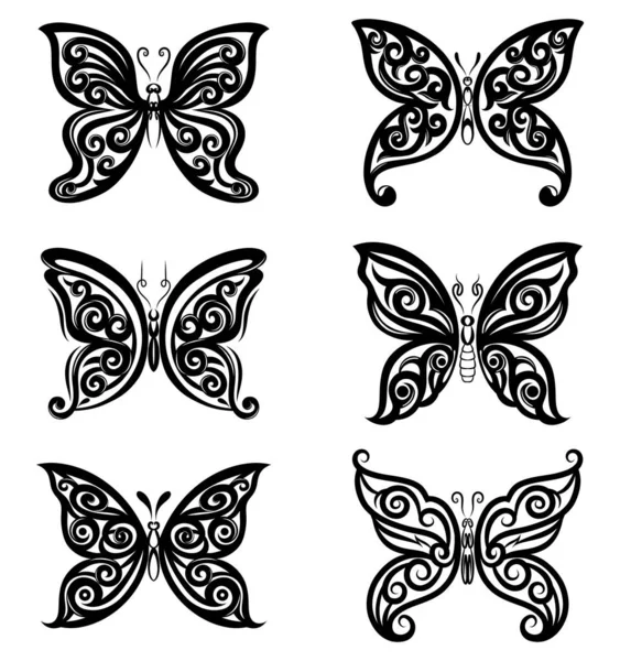 一套蝴蝶的剪影精美的纹身插图 — 图库矢量图片