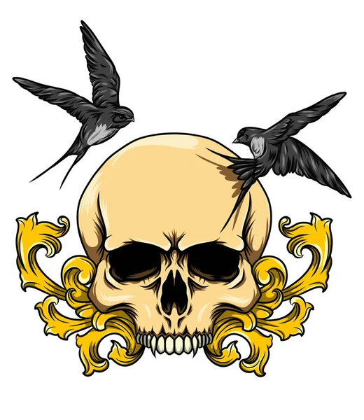 Totenkopf Und Zwei Vögel Mit Barocken Illustrationsdekorationen — Stockvektor