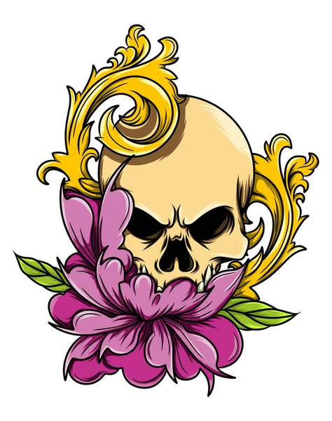 Lebka Baroko Květinou Pro Návrh Tetování Ilustrace — Stockový vektor