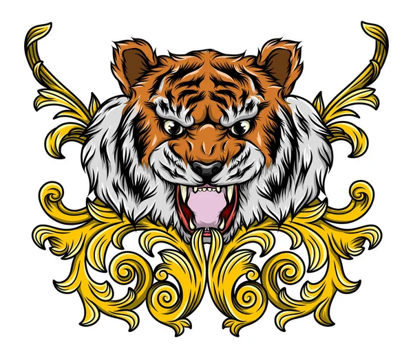 Tiger Head Tattoo Vintage Baroque Style Illustration — Stock Vector