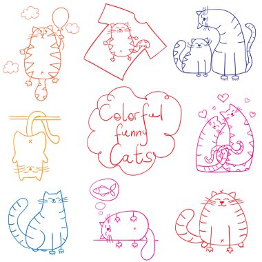 Kediler doodle set komik karikatür