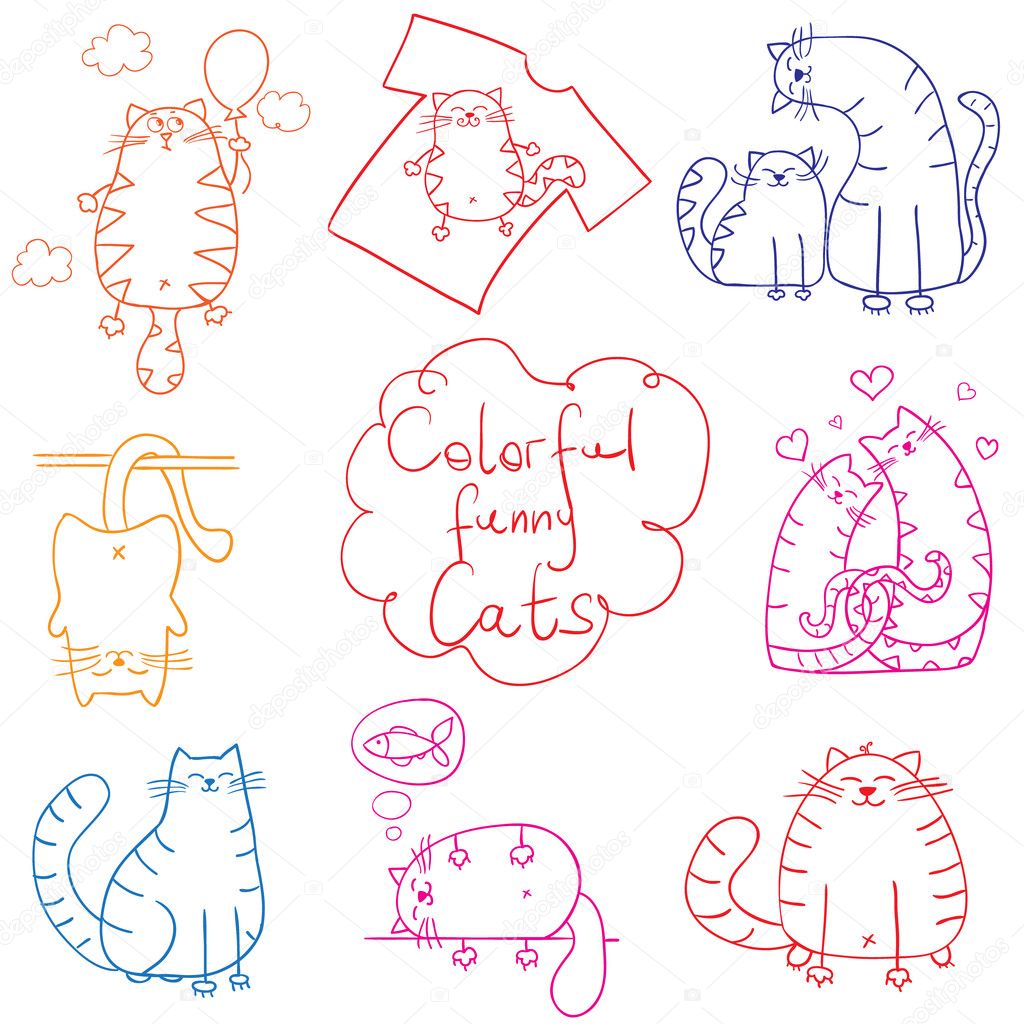Cats doodle set funny cartoon