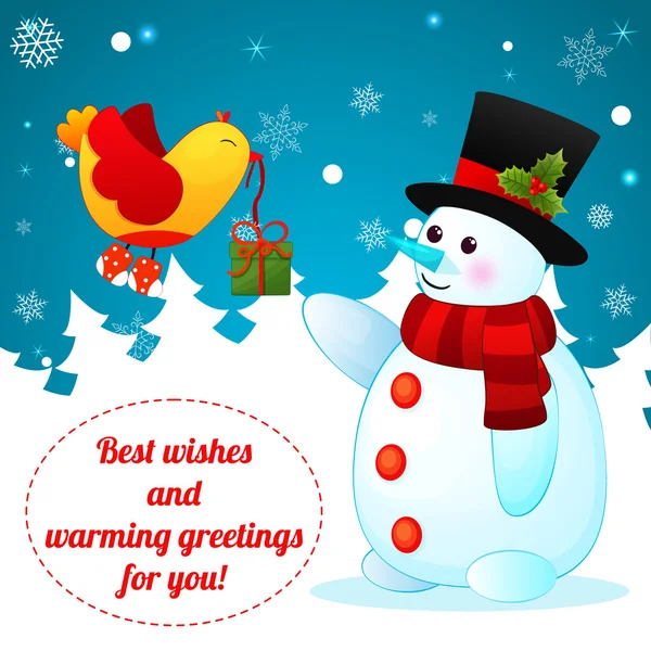 Carte postale drôle bonhomme de neige avec un oiseau — Image vectorielle