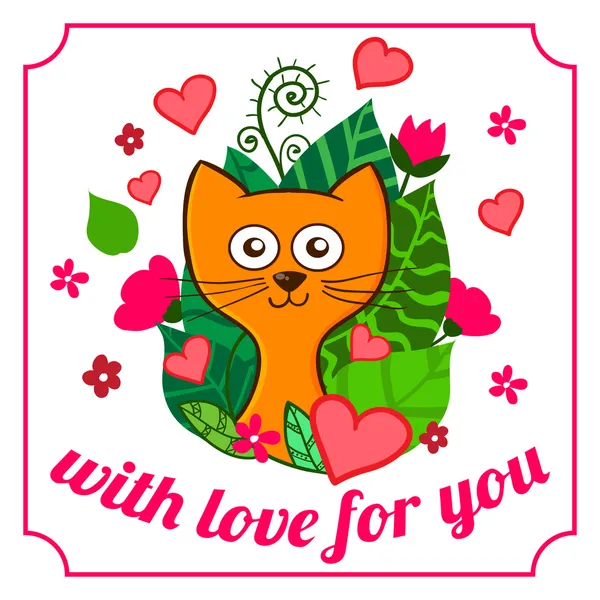 Valentine den vtipné kreslené kotě s růžové srdce a květiny — Stockový vektor