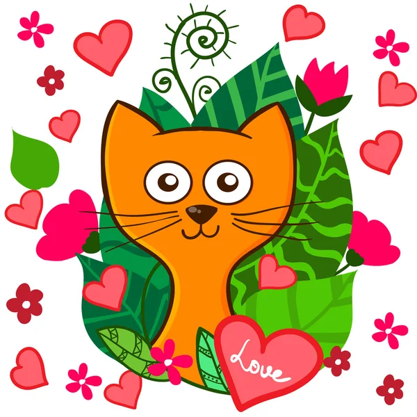 Valentine Day funny cartoon kitten with pink hearts and flowers — Stock Vector