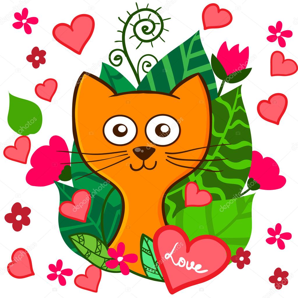 Valentine Day funny cartoon kitten with pink hearts and flowers