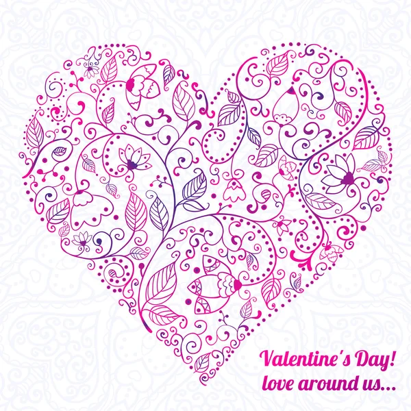 Vector Valentine's day lacy heart greeting card on doodle ornate background — Stock Vector