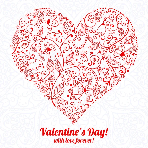 Tarjeta de felicitación de corazón de encaje del día de San Valentín vectorial sobre fondo adornado con garabatos — Vector de stock