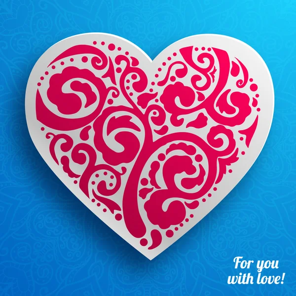 Aftelkalender voor Valentijnsdag lacy hart wenskaart op doodle sierlijke achtergrond vector — Stockvector