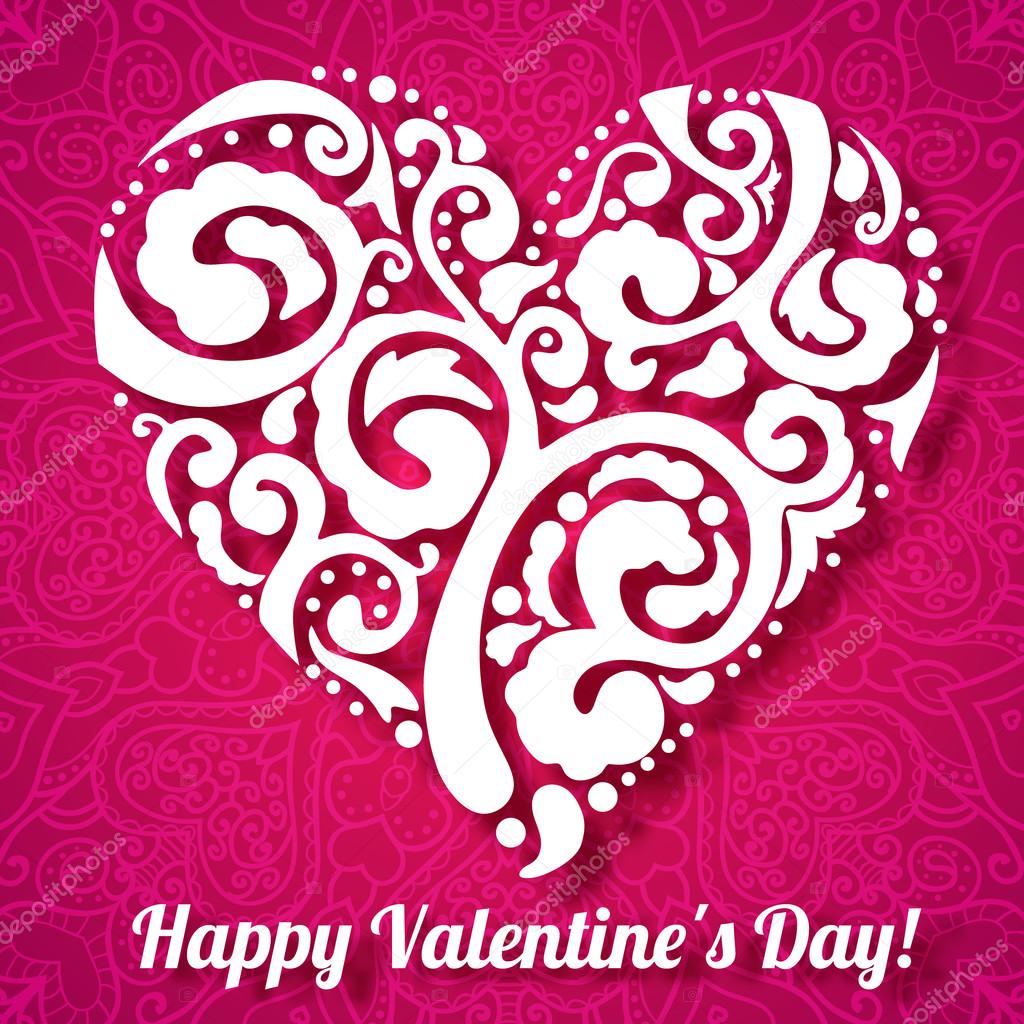 Vector Valentine's day lacy heart greeting card on doodle ornate background