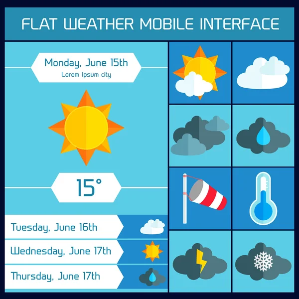 Plochá počasí ikony nastavit pro web a mobilní aplikace — Stockový vektor