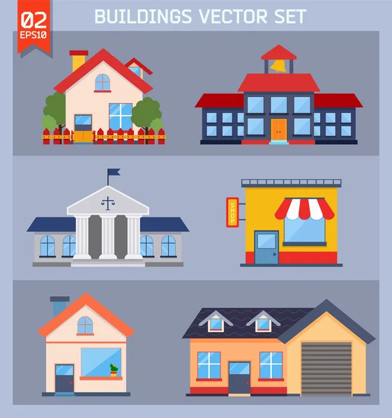 Moderne platte vector gebouwen set. — Stockvector