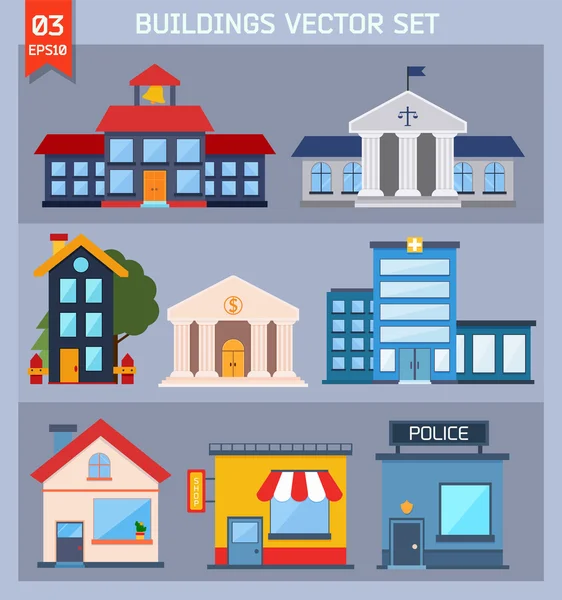 Ensemble de bâtiments vectoriels plats modernes . — Image vectorielle