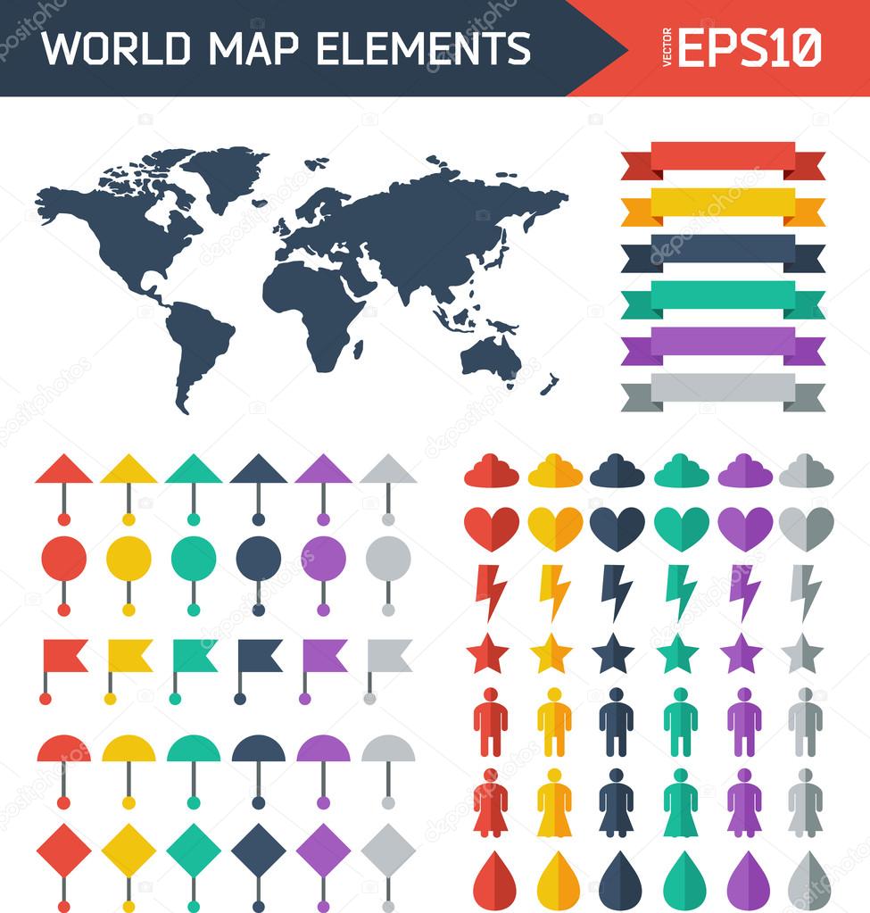 Flat world map infographic elements.