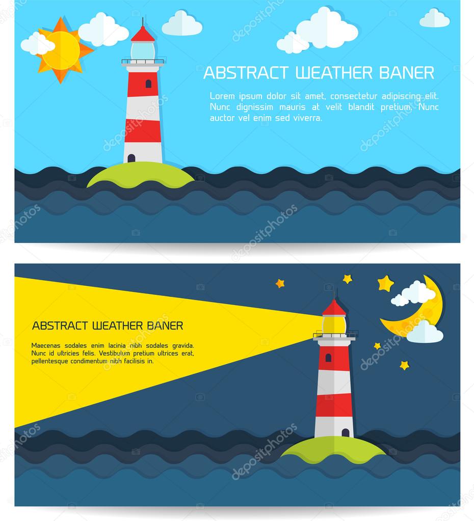 Modern weather background with lighthouse, sun, moon and clouds