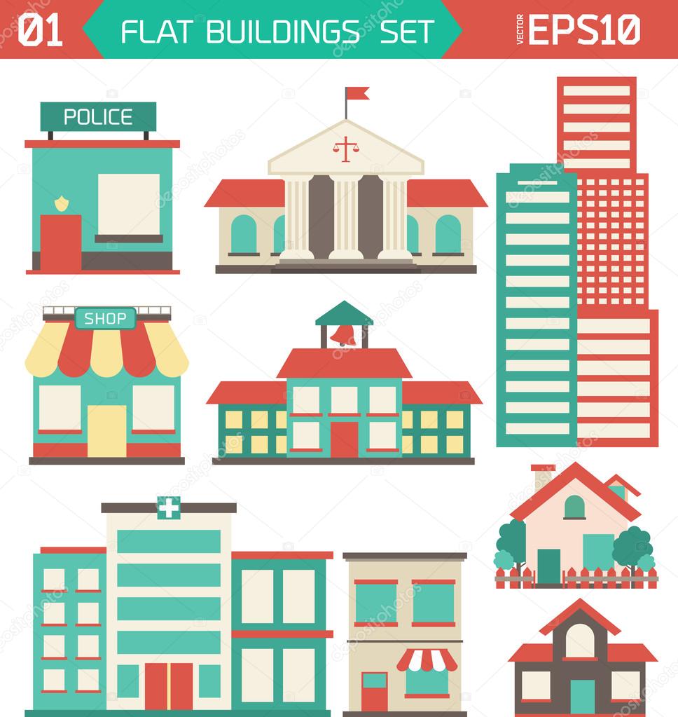 Modern flat vector buildings set.