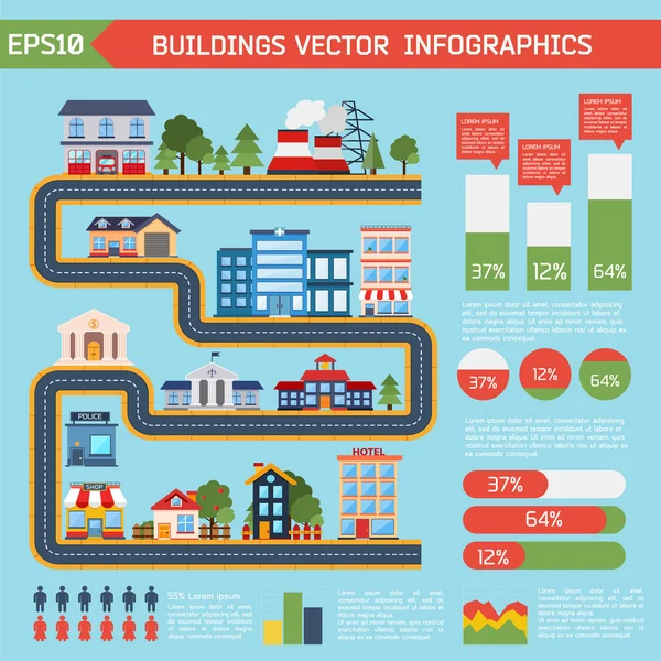 Moderne vlakke stad achtergrond infographics — Stockvector