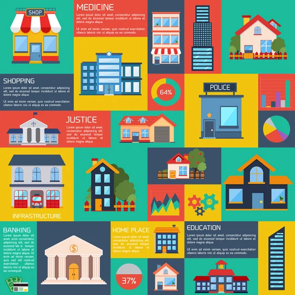 Moderne vlakke stad achtergrond infographics — Stockvector