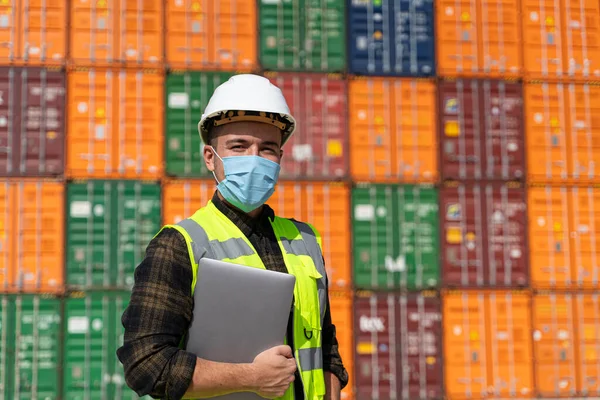 Portrait Logistic Engineer Man Medical Face Mask Standing Large Commercial — Stock Photo, Image