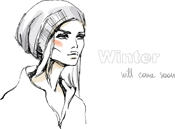 Donna con un berretto invernale — Vettoriale Stock