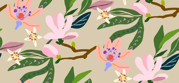 Çiçekler ve yeşilliklerle kusursuz vektör deseni. Kapaklar, hediye paketi ve duvar kağıdı için kullanılabilir