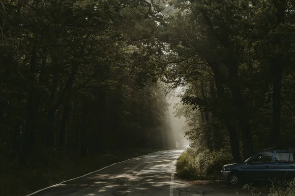 Blue Car Parked Edge Forest Road Sun Rays Morning Sun — Stock Photo, Image