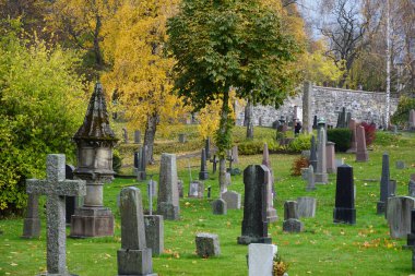 Old cemetery and tombstones in the park on the beautiful autumn day