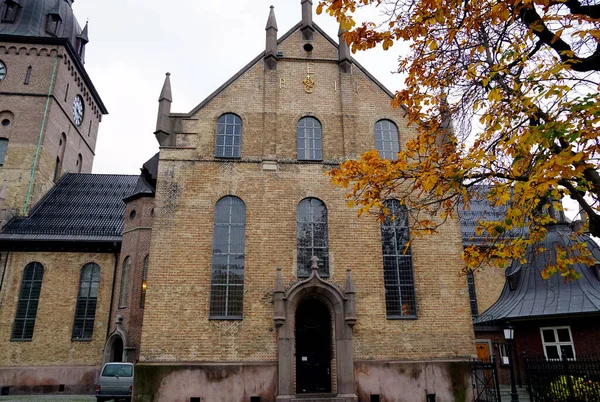在寒冷而阴郁的秋日 奥斯陆大教堂的侧门 — 图库照片