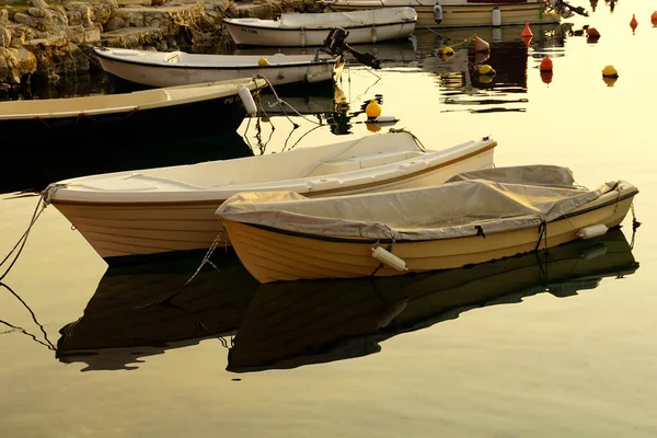 Мандре Хорватия Марта 2022 Года Якорные Лодки Небольшом Сельском Порту — стоковое фото
