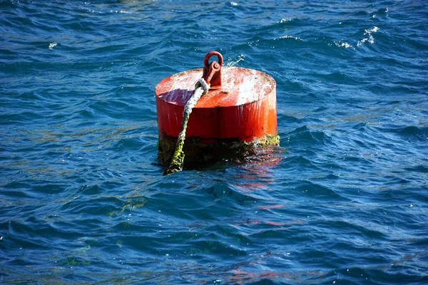 Red Metal Buoy Mooring Ships Boats Floating Blue Sea — Zdjęcie stockowe