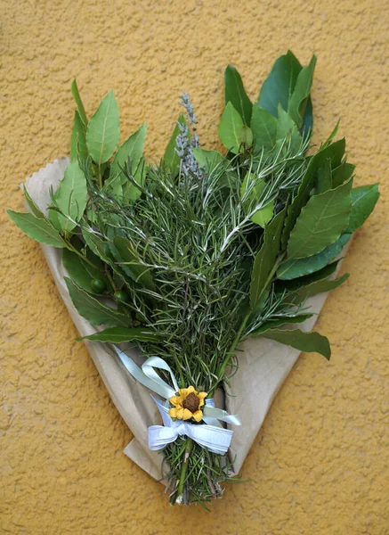 A bouquet of fragrant Mediterranean edible herbs, rosemary and laurel