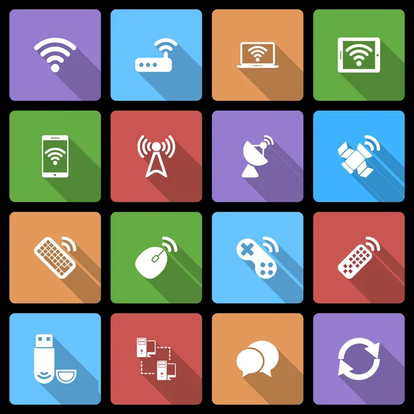 Icone dei dispositivi wireless impostate con Long Shadow — Vettoriale Stock