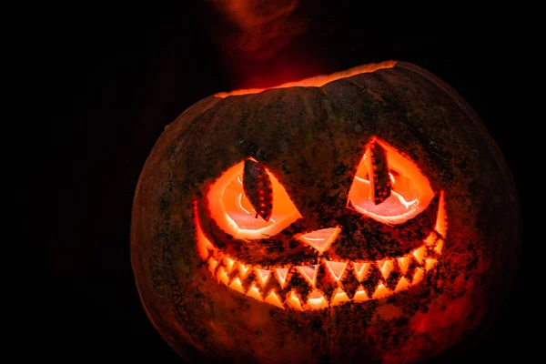 Egy Macska Mosolya Egy Halloween Tökre Vésve — Stock Fotó