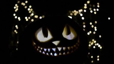 Cadılar Bayramı balkabağına oyulmuş bir kedinin gülümsemesi.