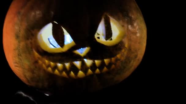 Das Lächeln Einer Katze Auf Einem Halloween Kürbis — Stockvideo