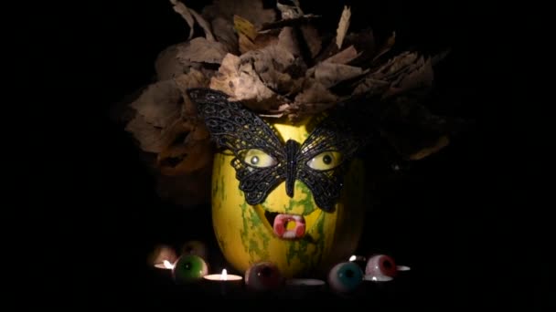 Zucca Halloween Maschera Ghirlanda Foglie — Video Stock