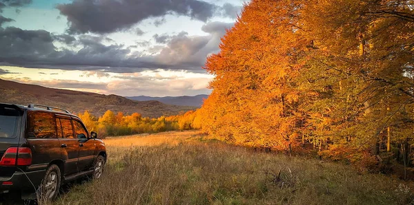 SUV sonbaharda Karpatlar 'da seyahat eder.
