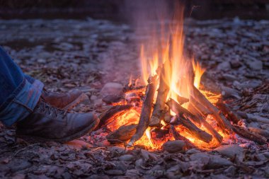 Adam vahşi doğada yemek pişirmek için şenlik ateşi hazırlıyor.
