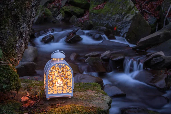 Evening Landscape Mountain Stream Lantern Candlestick — Stock Photo, Image