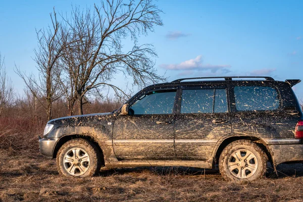 Suv Viaja Través Del Terreno Montañoso Los Cárpatos — Foto de Stock