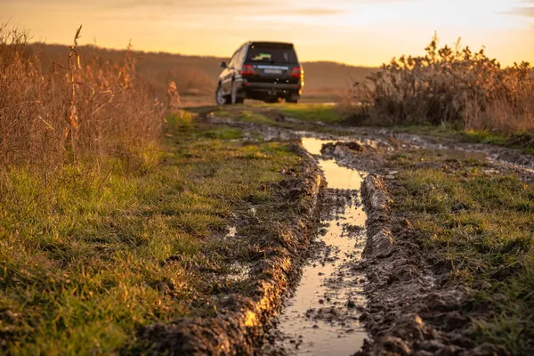 Suv Près Lac Coucher Soleil — Photo