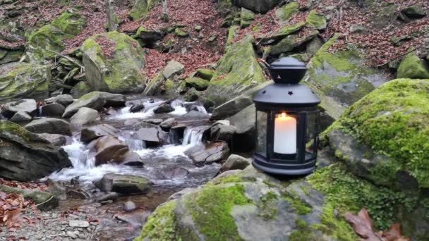 Evening Landscape Mountain Stream Lantern Candlestick — Stock Video