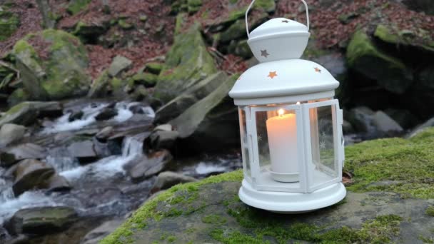 Evening Landscape Mountain Stream Lantern Candlestick — Stock Video